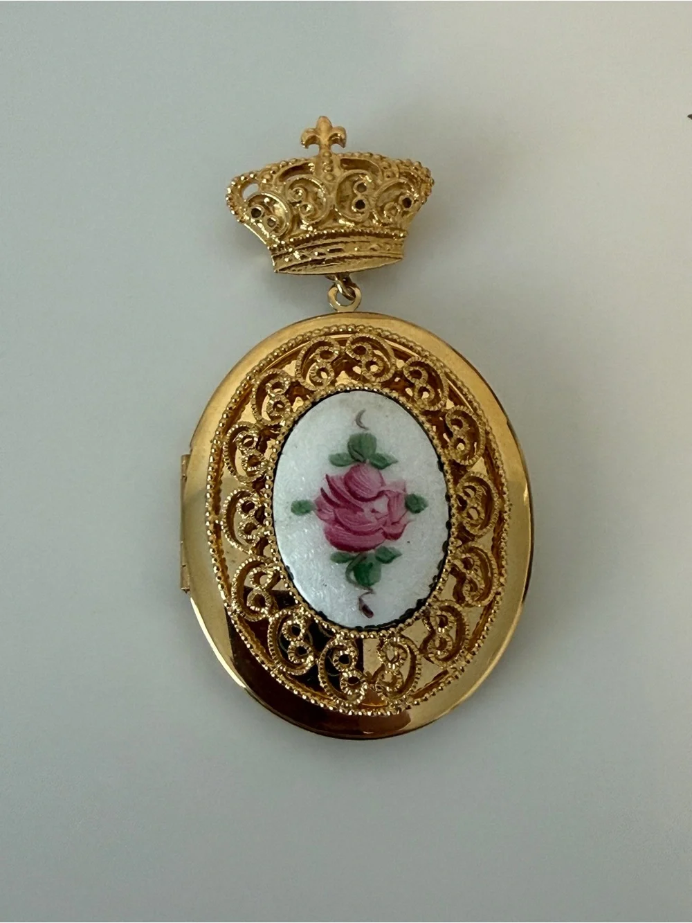 Gold Floral Crown Locket Pendant - Pink Rose Design